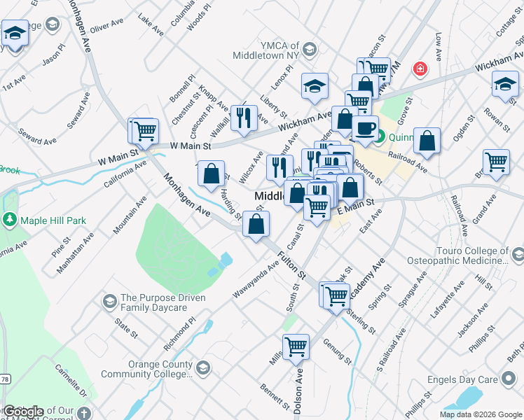 map of restaurants, bars, coffee shops, grocery stores, and more near 29 Mill Street in Middletown