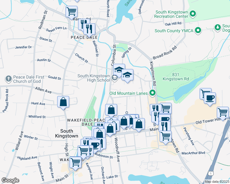map of restaurants, bars, coffee shops, grocery stores, and more near 153 School Street in South Kingstown