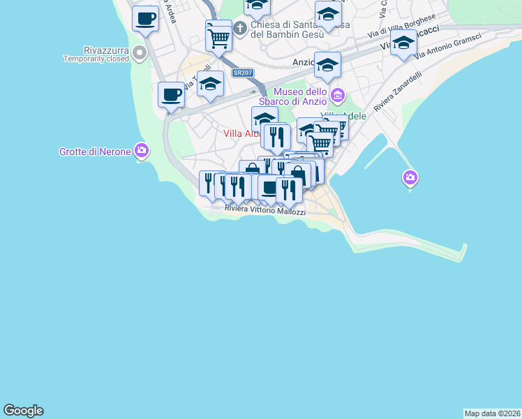 map of restaurants, bars, coffee shops, grocery stores, and more near 16 Riviera Vittorio Mallozzi in Anzio