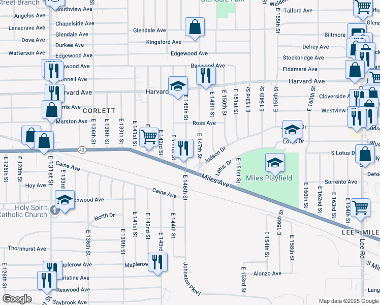 map of restaurants, bars, coffee shops, grocery stores, and more near 4204 East 147th Street in Cleveland