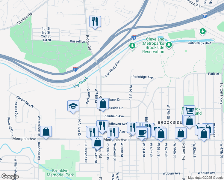 map of restaurants, bars, coffee shops, grocery stores, and more near 6904 Meadowbrook Drive in Cleveland