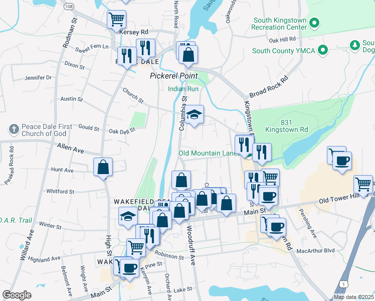 map of restaurants, bars, coffee shops, grocery stores, and more near 153 School Street in South Kingstown