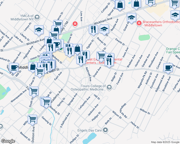 map of restaurants, bars, coffee shops, grocery stores, and more near 1 Myrtle Avenue in Middletown