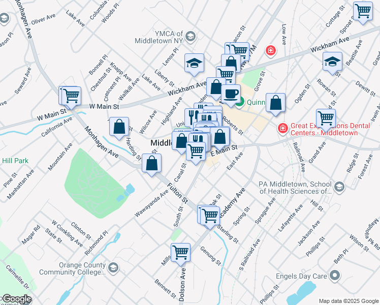 map of restaurants, bars, coffee shops, grocery stores, and more near 5 West Main Street in Middletown