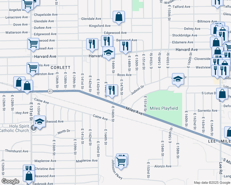 map of restaurants, bars, coffee shops, grocery stores, and more near 4204 East 147th Street in Cleveland