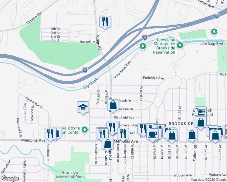 map of restaurants, bars, coffee shops, grocery stores, and more near in Cleveland