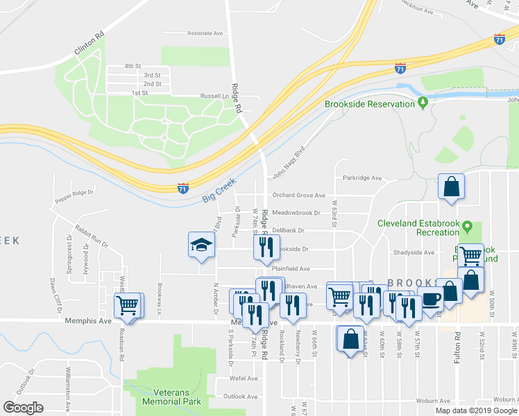 map of restaurants, bars, coffee shops, grocery stores, and more near in Cleveland