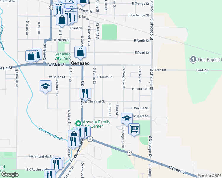 map of restaurants, bars, coffee shops, grocery stores, and more near 704 South Illinois Street in Geneseo