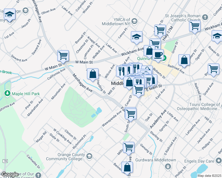 map of restaurants, bars, coffee shops, grocery stores, and more near 29 Mill Street in Middletown
