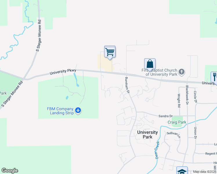 map of restaurants, bars, coffee shops, grocery stores, and more near 711 Driftwood Court in University Park