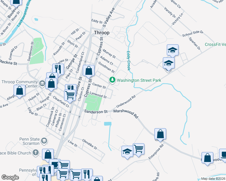 map of restaurants, bars, coffee shops, grocery stores, and more near Ryan Street in Throop