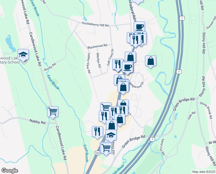 map of restaurants, bars, coffee shops, grocery stores, and more near 246A Federal Road in Brookfield