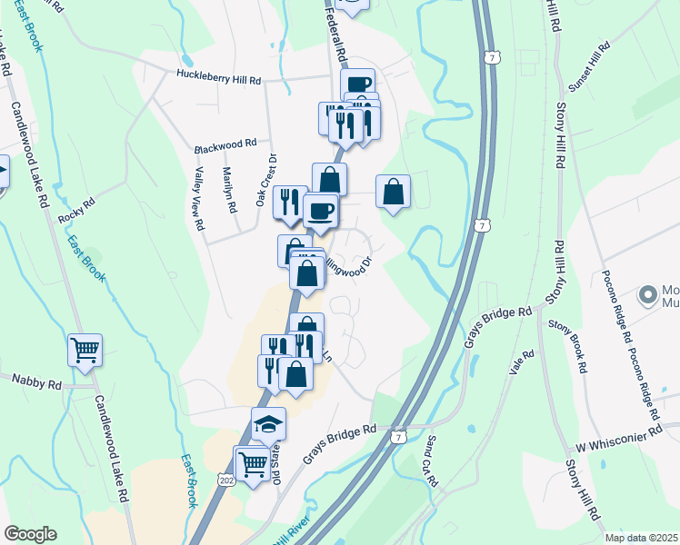 map of restaurants, bars, coffee shops, grocery stores, and more near 15 Eden Court in Brookfield