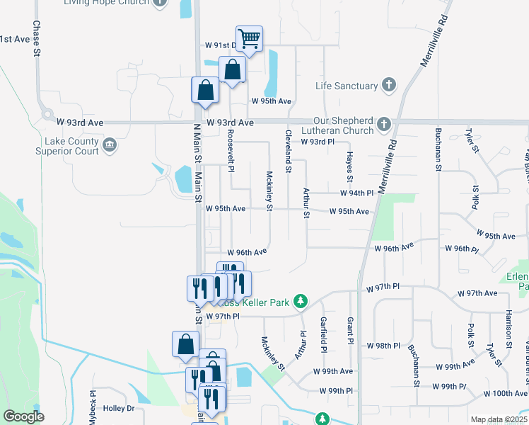 map of restaurants, bars, coffee shops, grocery stores, and more near 9515 Roosevelt Street in Crown Point
