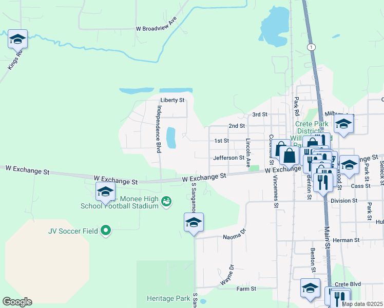 map of restaurants, bars, coffee shops, grocery stores, and more near 732 Jefferson Street in Crete
