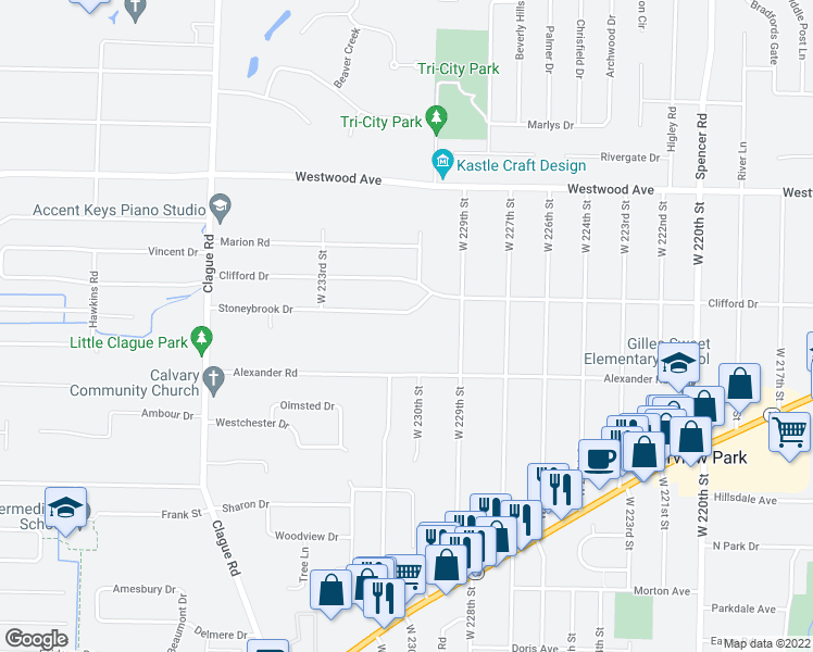 map of restaurants, bars, coffee shops, grocery stores, and more near 23031 Stoneybrook Drive in North Olmsted