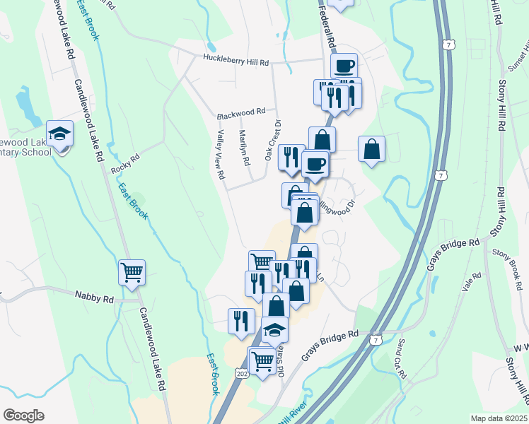 map of restaurants, bars, coffee shops, grocery stores, and more near 246A Federal Road in Brookfield