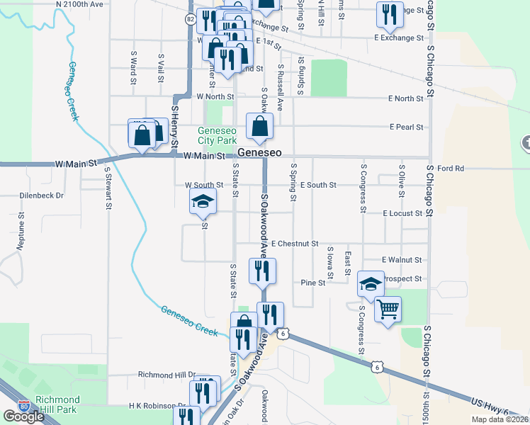map of restaurants, bars, coffee shops, grocery stores, and more near 200 East Locust Street in Geneseo