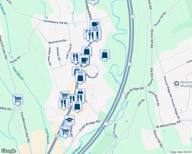map of restaurants, bars, coffee shops, grocery stores, and more near 9 Essex Ct in Brookfield