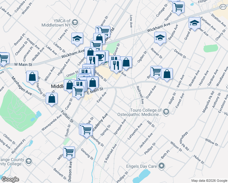 map of restaurants, bars, coffee shops, grocery stores, and more near 9 East Avenue in Middletown