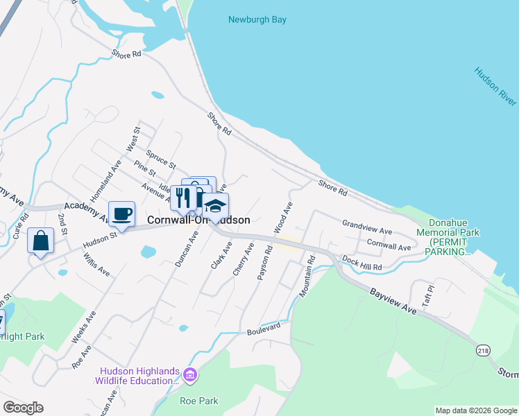 map of restaurants, bars, coffee shops, grocery stores, and more near 101 Clover Court in Cornwall