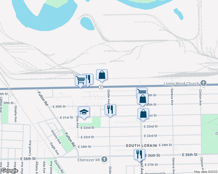 map of restaurants, bars, coffee shops, grocery stores, and more near 1700 East 28th Street in Lorain