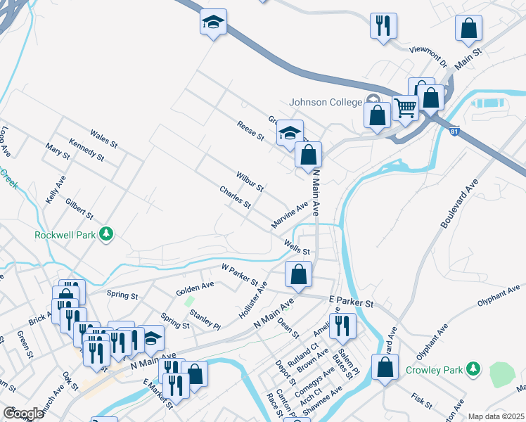 map of restaurants, bars, coffee shops, grocery stores, and more near 181 Charles Street in Scranton