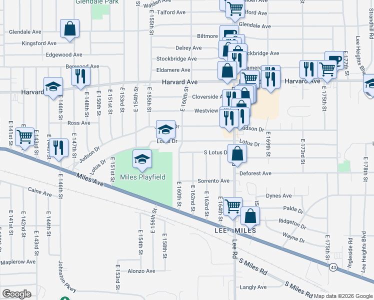 map of restaurants, bars, coffee shops, grocery stores, and more near 16112 South Lotus Drive in Cleveland