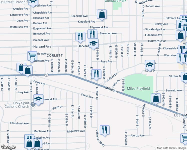 map of restaurants, bars, coffee shops, grocery stores, and more near 4193 East 144th Street in Cleveland