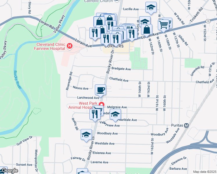 map of restaurants, bars, coffee shops, grocery stores, and more near 4037 Rocky River Drive in Cleveland