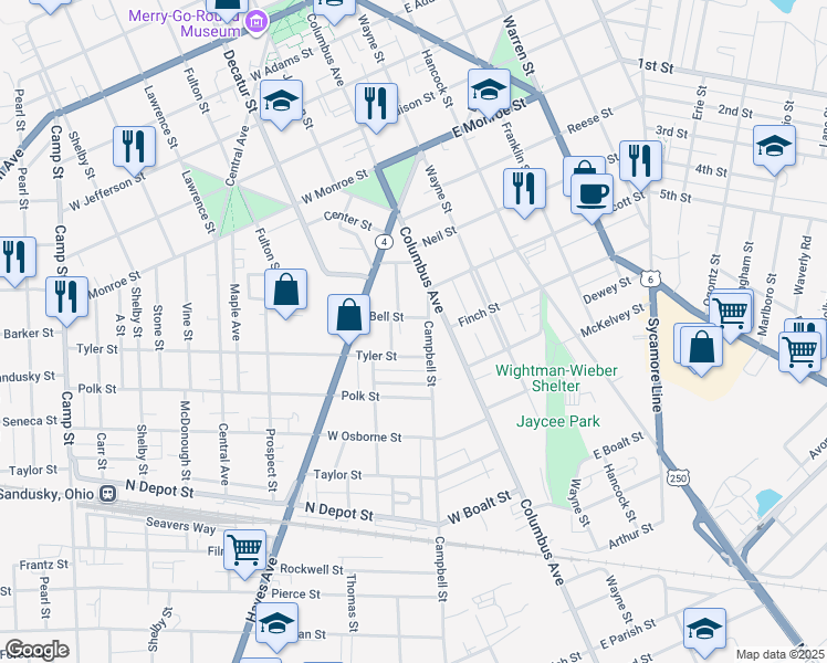 map of restaurants, bars, coffee shops, grocery stores, and more near 2112 Campbell Street in Sandusky