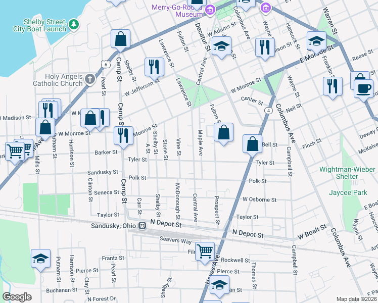 map of restaurants, bars, coffee shops, grocery stores, and more near 1223 Central Avenue in Sandusky