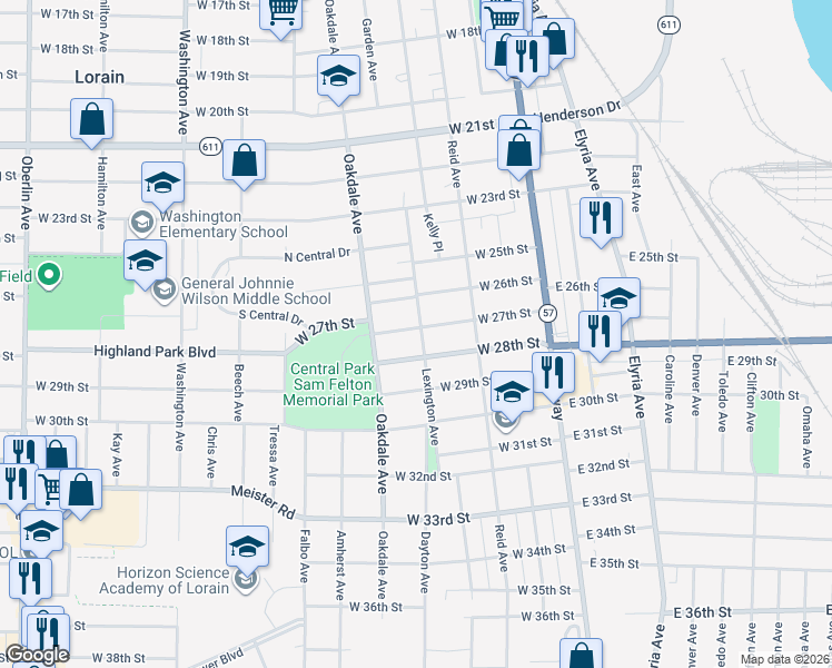 map of restaurants, bars, coffee shops, grocery stores, and more near 2732 Lexington Avenue in Lorain