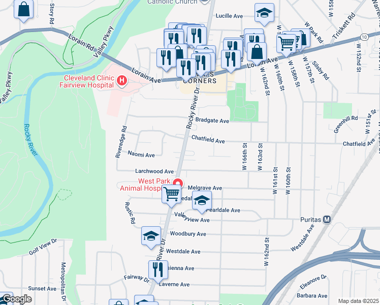 map of restaurants, bars, coffee shops, grocery stores, and more near 4037 Rocky River Drive in Cleveland
