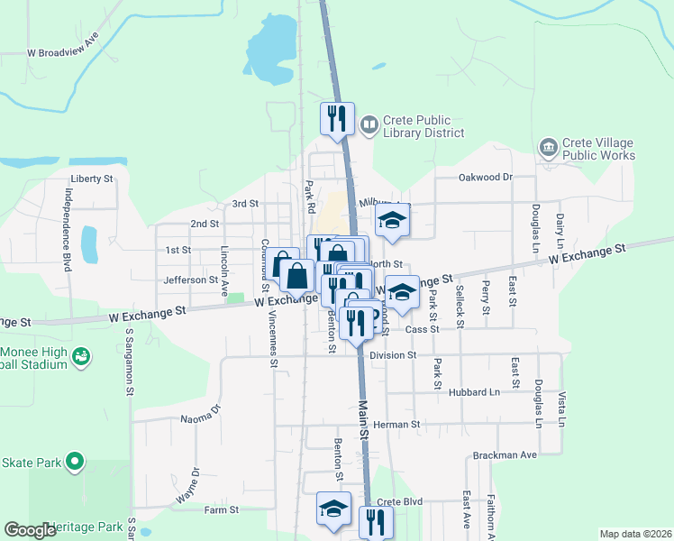 map of restaurants, bars, coffee shops, grocery stores, and more near 1334 Benton Street in Crete