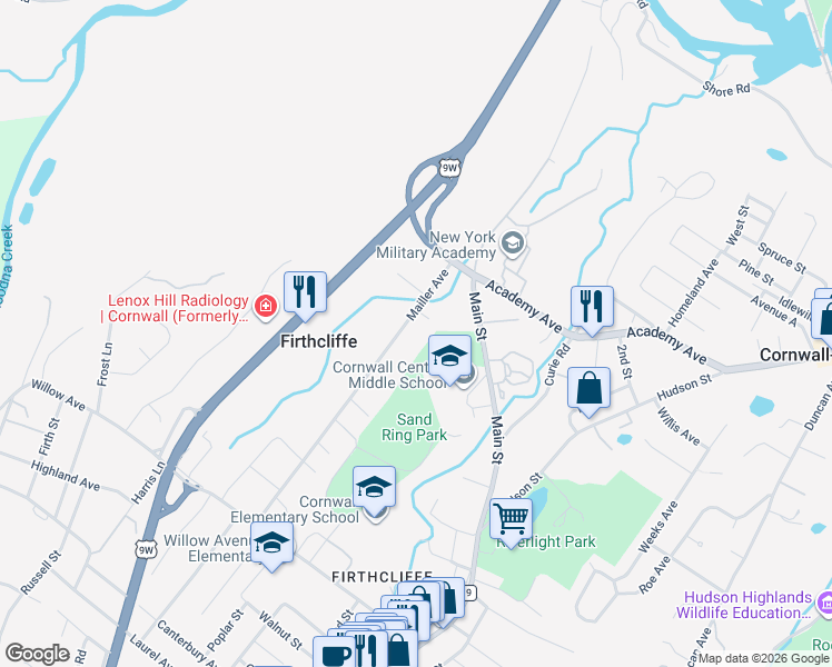 map of restaurants, bars, coffee shops, grocery stores, and more near 84 Mailler Avenue in Cornwall