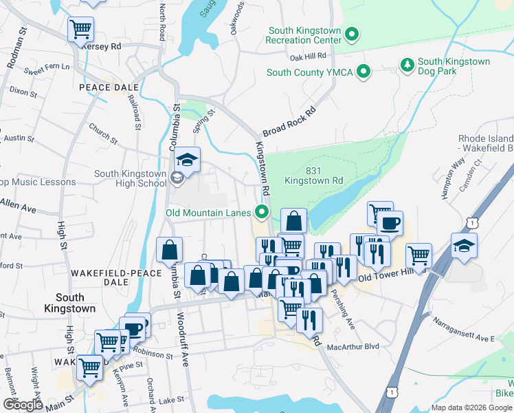map of restaurants, bars, coffee shops, grocery stores, and more near 756 Rhode Island 108 in South Kingstown