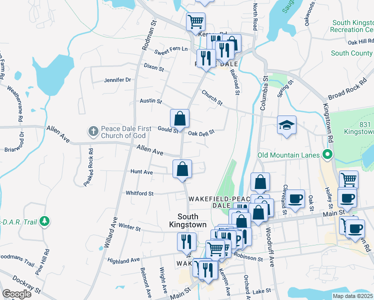 map of restaurants, bars, coffee shops, grocery stores, and more near 317 High Street in South Kingstown