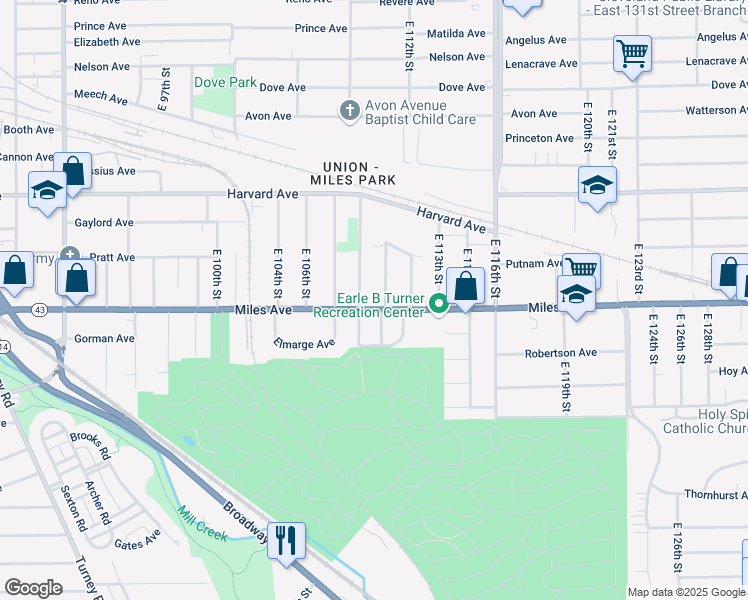 map of restaurants, bars, coffee shops, grocery stores, and more near 11026 Miles Avenue in Cleveland