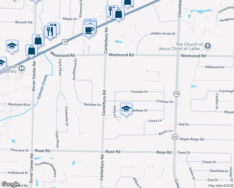 map of restaurants, bars, coffee shops, grocery stores, and more near 25906 Chaucer Drive in Westlake