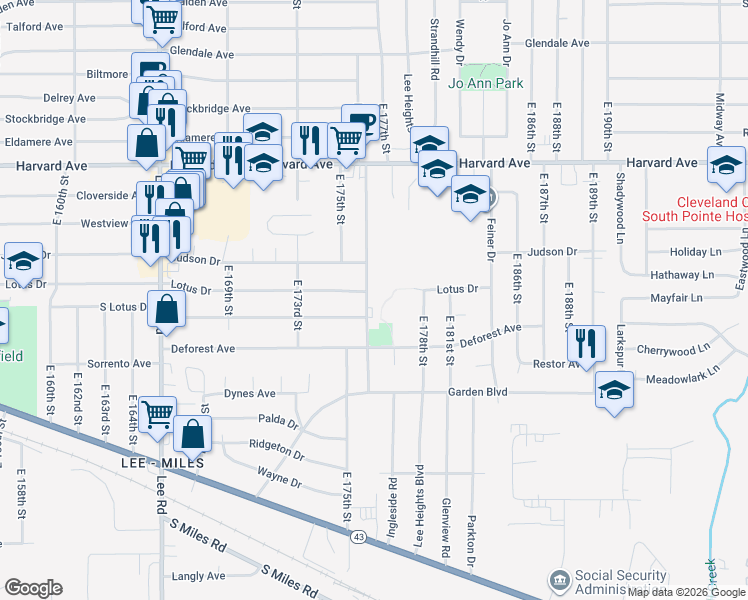 map of restaurants, bars, coffee shops, grocery stores, and more near 4192 East 178th Street in Cleveland