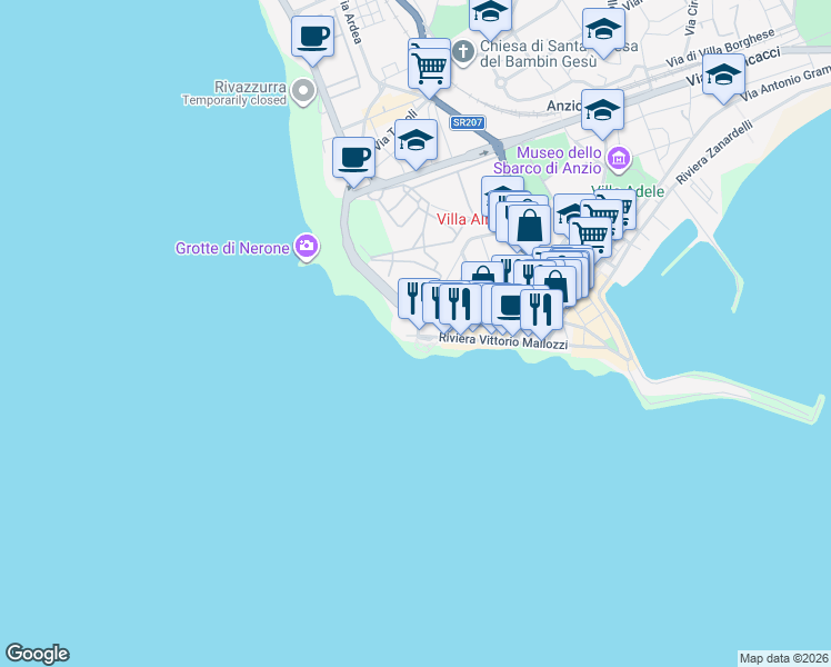 map of restaurants, bars, coffee shops, grocery stores, and more near 2 Via Furio Anziate in Anzio
