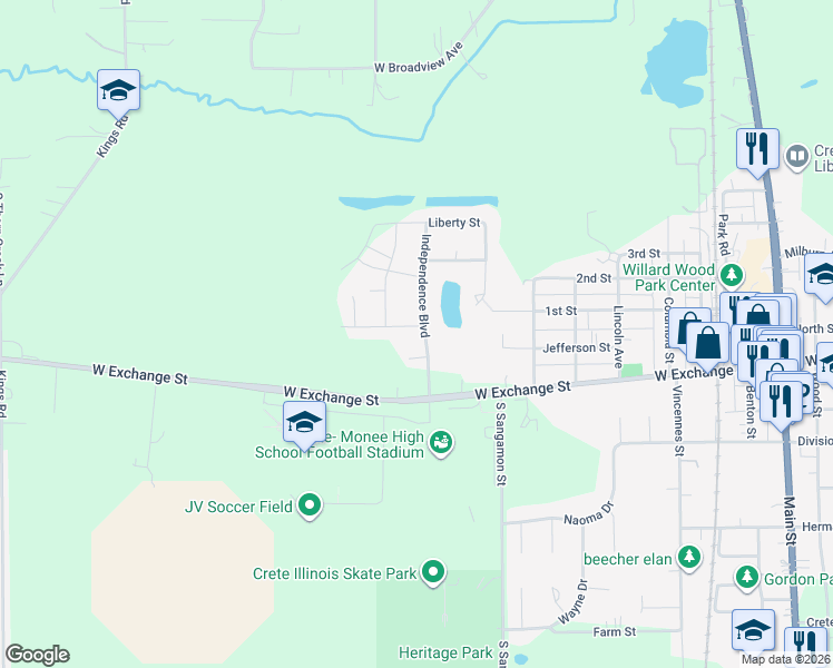 map of restaurants, bars, coffee shops, grocery stores, and more near 24528 Independence Boulevard in Crete