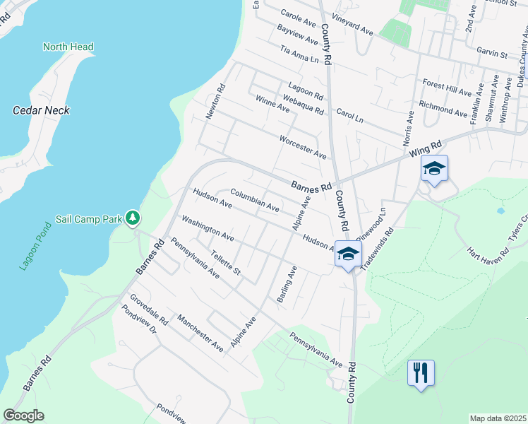 map of restaurants, bars, coffee shops, grocery stores, and more near 66 Hudson Avenue in Oak Bluffs