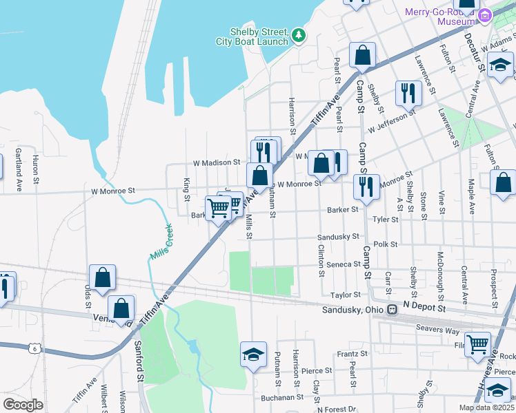 map of restaurants, bars, coffee shops, grocery stores, and more near 1925 Barker Street in Sandusky