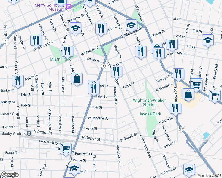 map of restaurants, bars, coffee shops, grocery stores, and more near 1215 Campbell Street in Sandusky