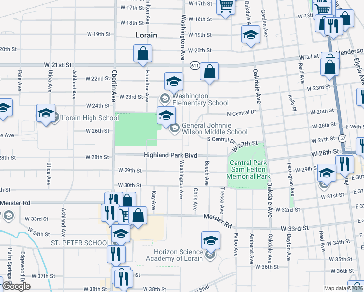 map of restaurants, bars, coffee shops, grocery stores, and more near 2703 Washington Avenue in Lorain
