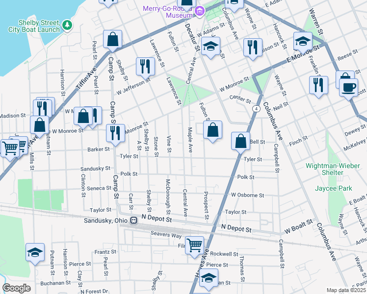 map of restaurants, bars, coffee shops, grocery stores, and more near 1208 Central Avenue in Sandusky