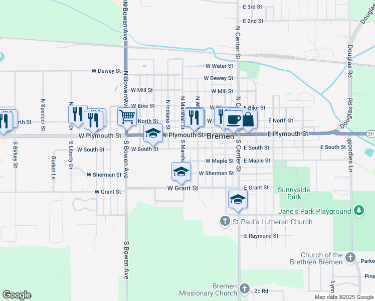 map of restaurants, bars, coffee shops, grocery stores, and more near 413-427 W Maple St in Bremen