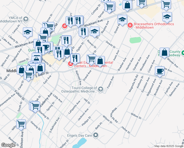 map of restaurants, bars, coffee shops, grocery stores, and more near 12 Grand Avenue in Middletown